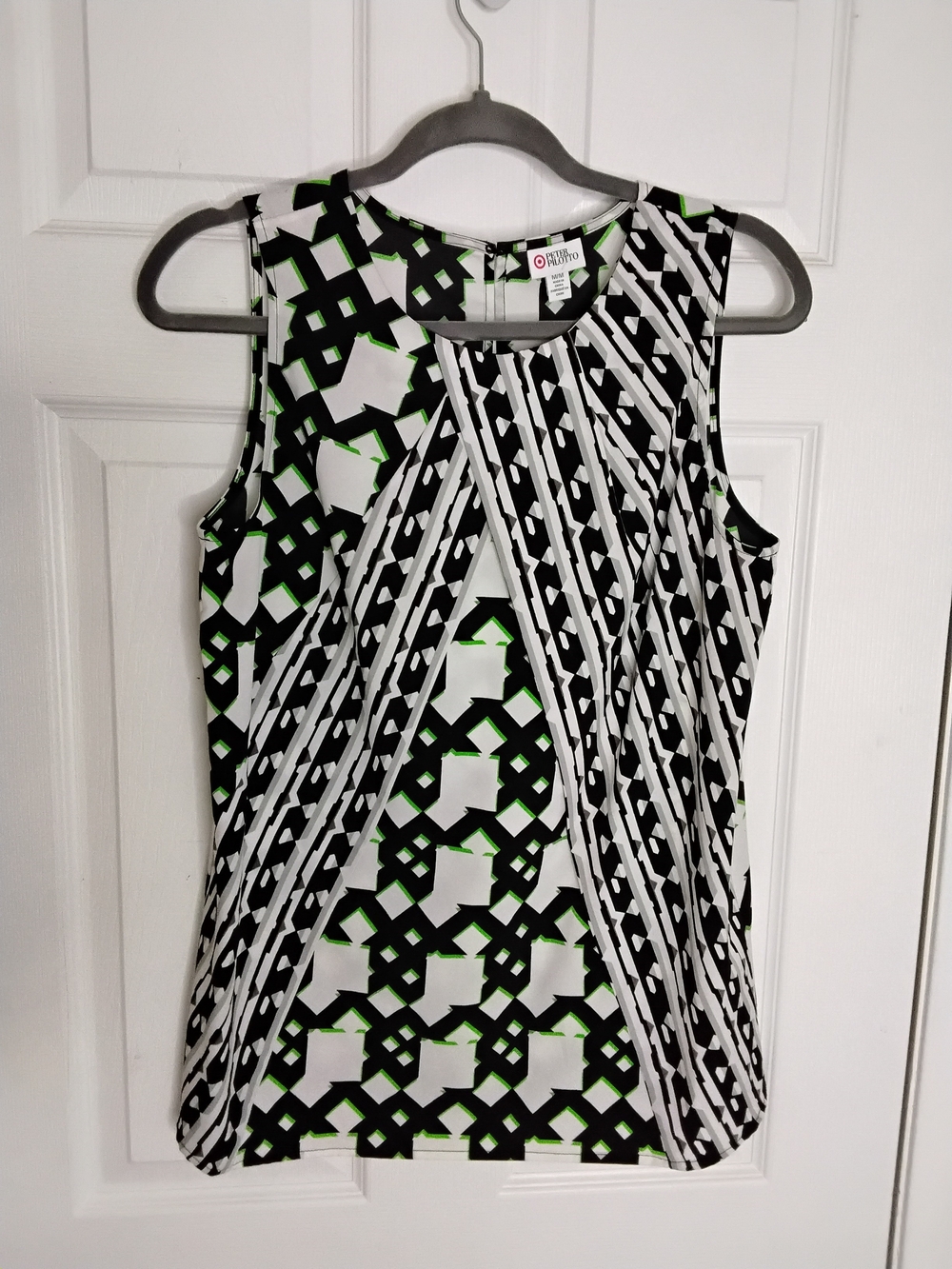 Worthington Black & White Geometric Sleeveless Top with Lime Accents